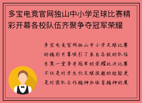 多宝电竞官网独山中小学足球比赛精彩开幕各校队伍齐聚争夺冠军荣耀