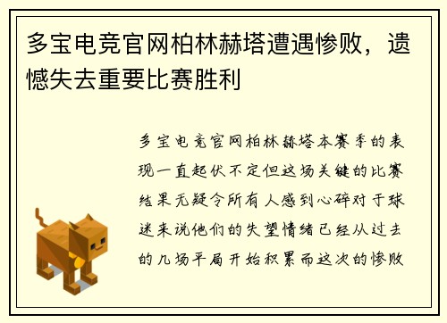 多宝电竞官网柏林赫塔遭遇惨败，遗憾失去重要比赛胜利