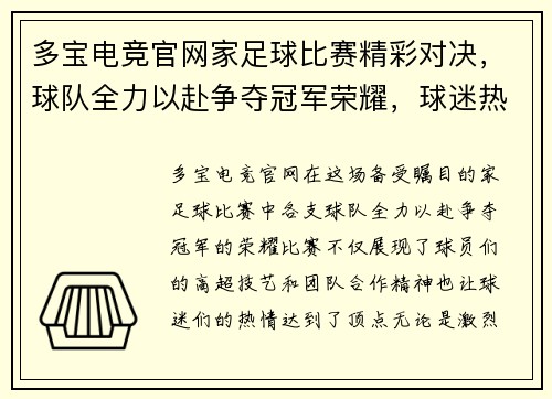 多宝电竞官网家足球比赛精彩对决，球队全力以赴争夺冠军荣耀，球迷热情高涨助威加油